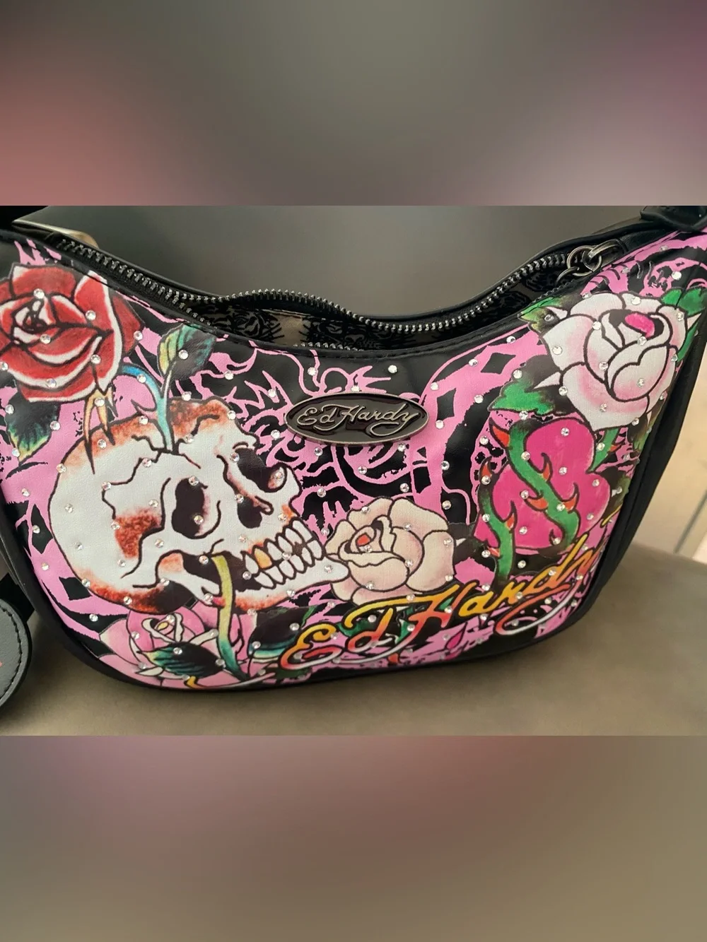 Ed Hardy Y2K slouchy Skull & Rose Crystal Studded Hobo Shoulder bag